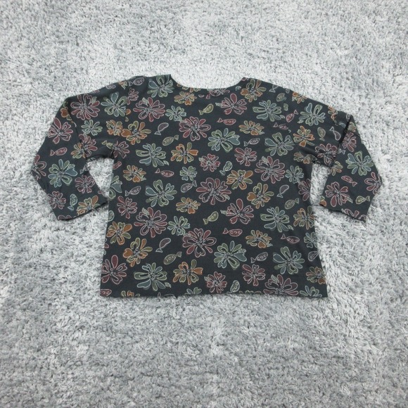 Fresh Produce Shirt Womens Large Black Floral Print Made USA Pullover Top Cotton - Picture 13 of 15